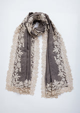 Mousse Cashmere Scarf with an Ivory Leaf Embroidery Border and Mousse Floral Lace Inset