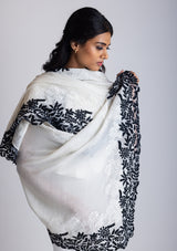 Ivory Cashmere Scarf with a Black Leaf Embroidery Border and Ivory Floral Lace Inset