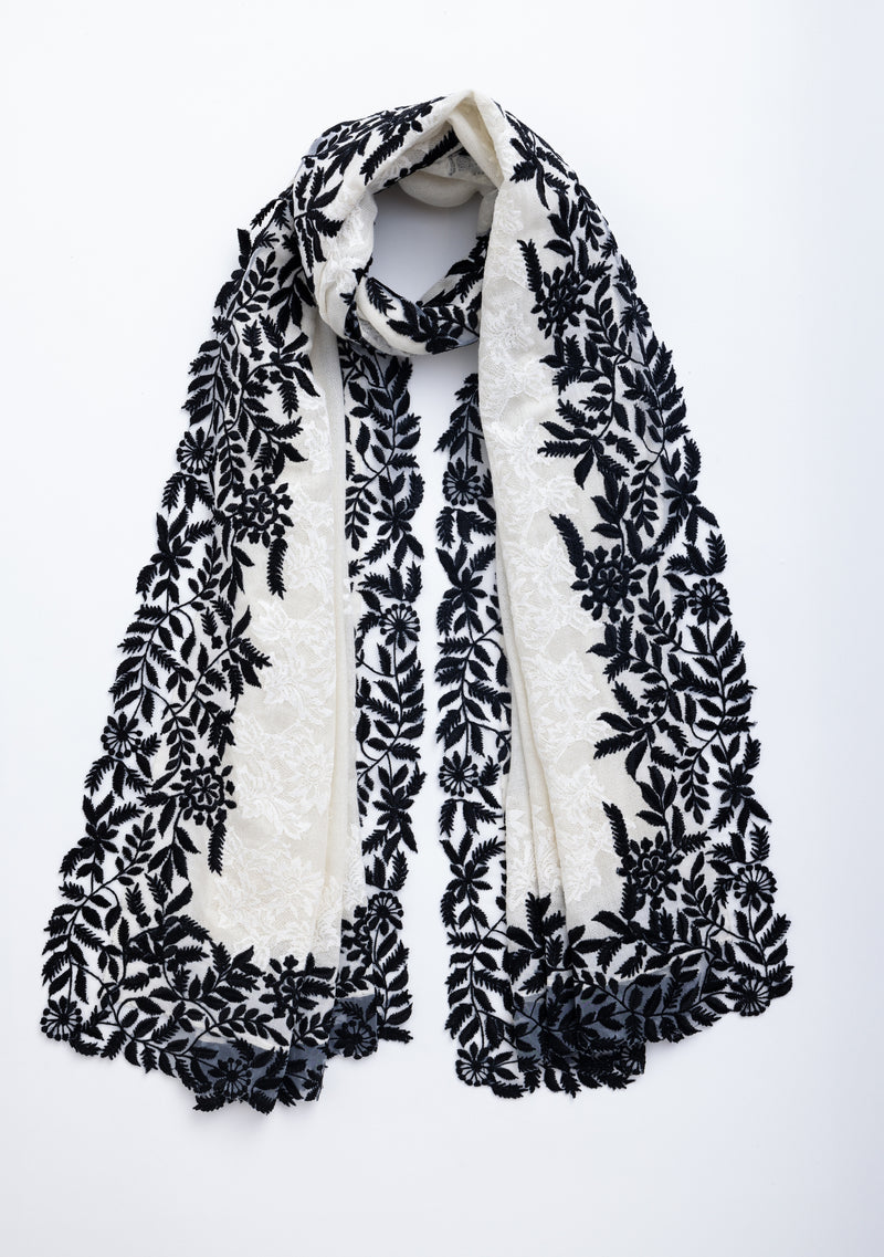 Ivory Cashmere Scarf with a Black Leaf Embroidery Border and Ivory Floral Lace Inset