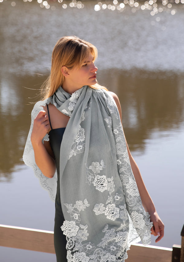 Silver Grey Cashmere Scarf with Dual Shade Silver Grey and Lt. Blue Chantilly Lace