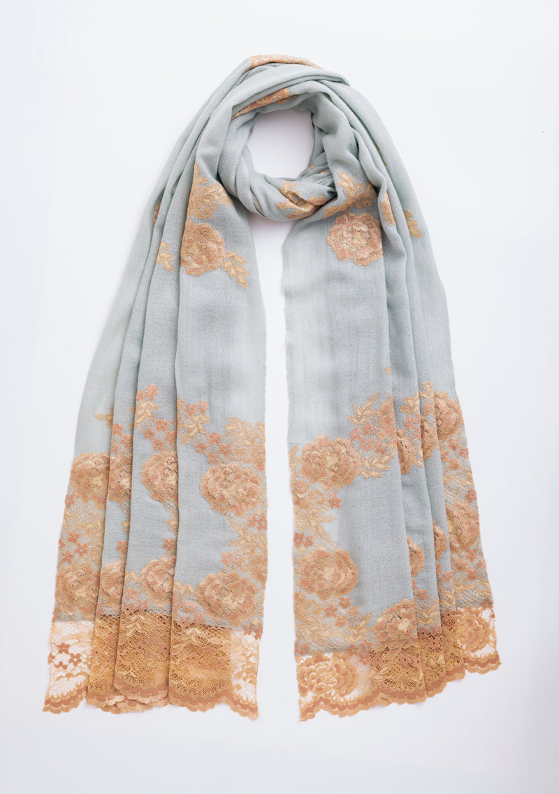 Lt. Pistachio Cashmere Scarf with Dual Shade Beige - Copper Chantilly Lace