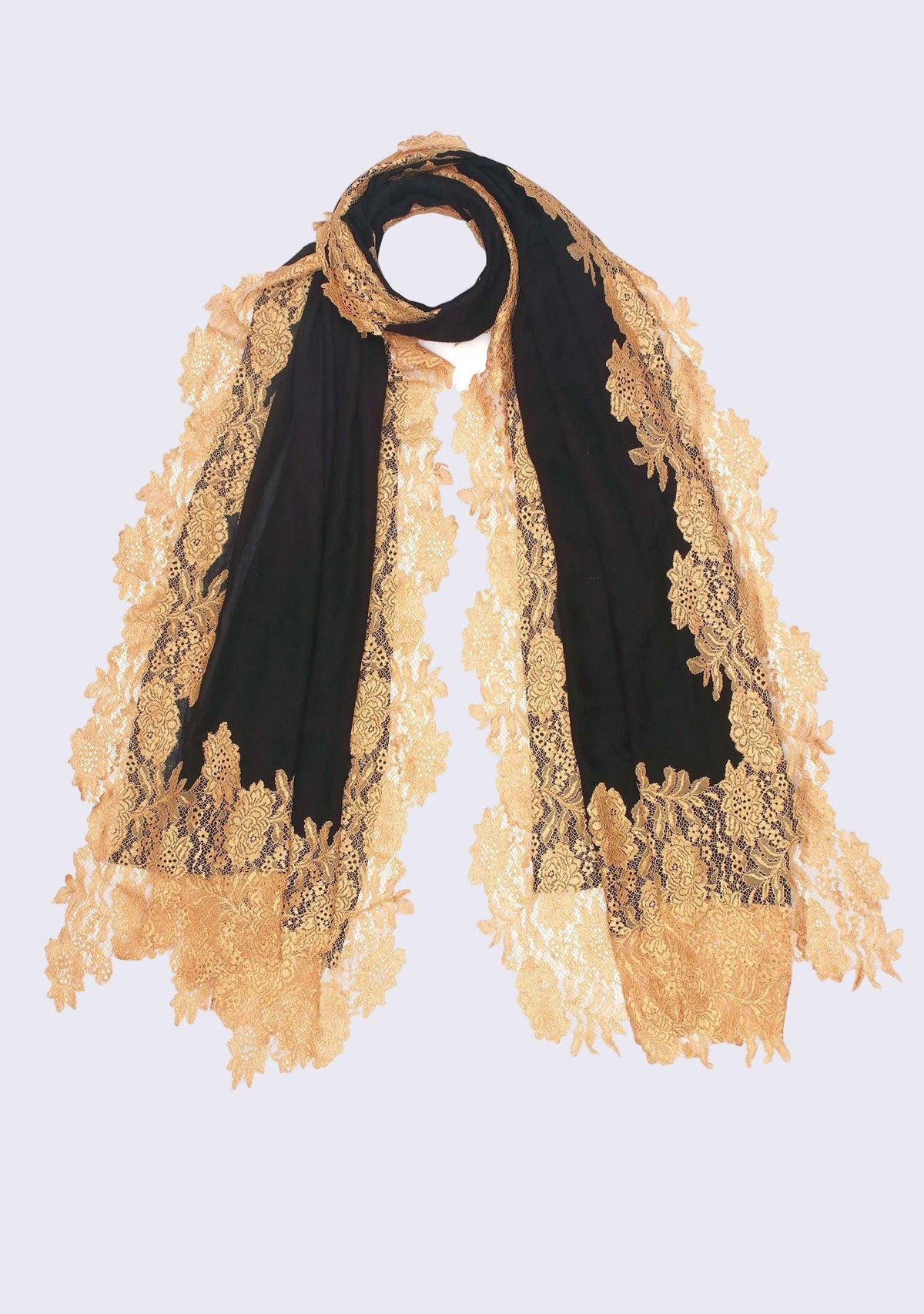 Black Wool & Silk Scarf Dk. Gold Lace