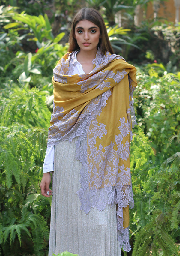 Mustard  Wool and Silk Scarf with a Mousse Floral Lace