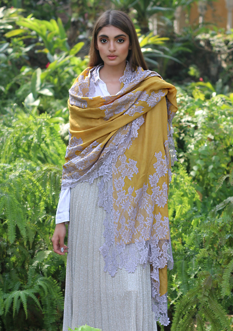Mustard  Wool and Silk Scarf with a Mousse Floral Lace