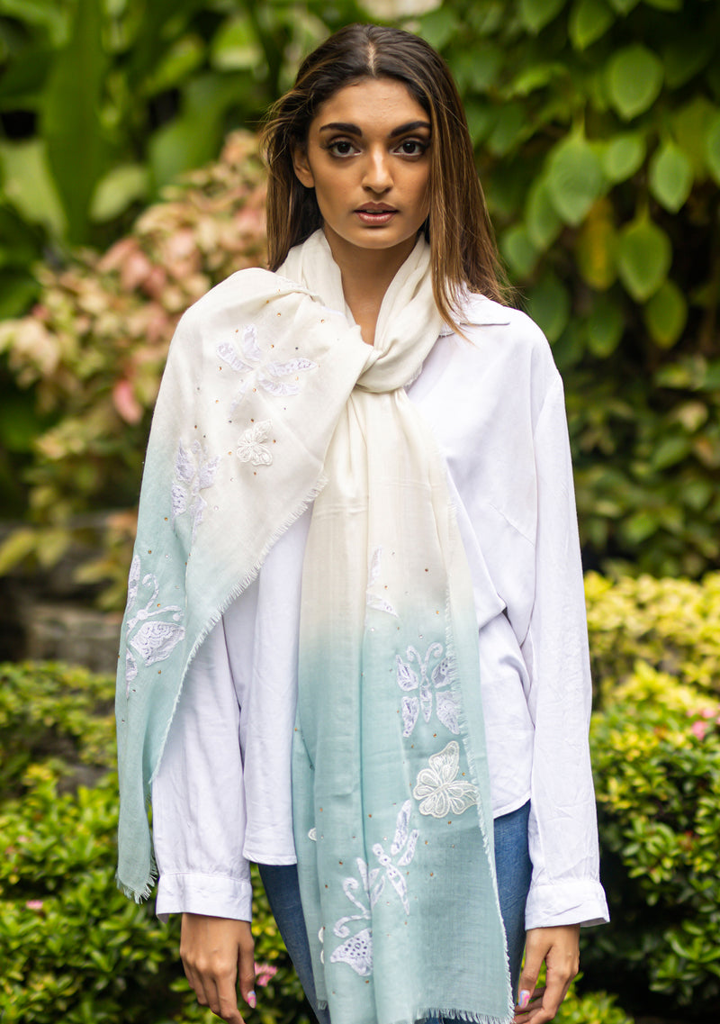 Ivory and Aqua Green Ombré Silk and Wool Scarf with Ivory Butterflies Appliqués and Silver-Gold Swarovski Crystals