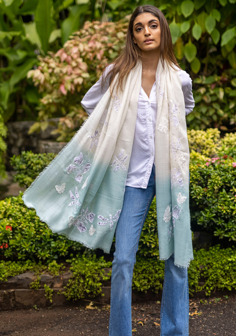 Ivory and Aqua Green Ombré Silk and Wool Scarf with Ivory Butterflies Appliqués and Silver-Gold Swarovski Crystals