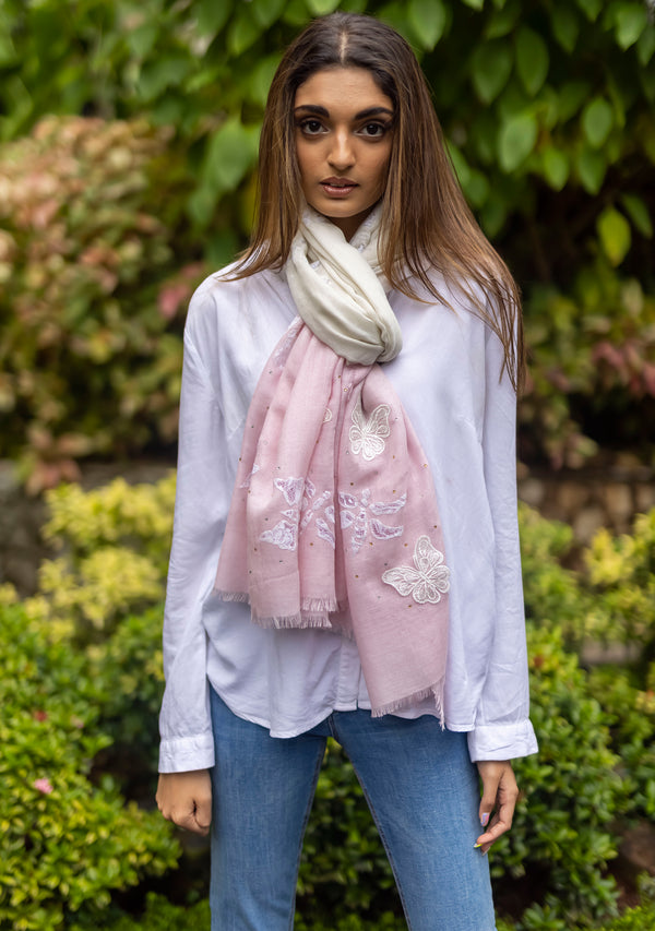 Ivory and Lt. Pink Ombré Silk and Wool Scarf with Ivory Bird Appliqués and Silver-Gold Swarovski Crystals