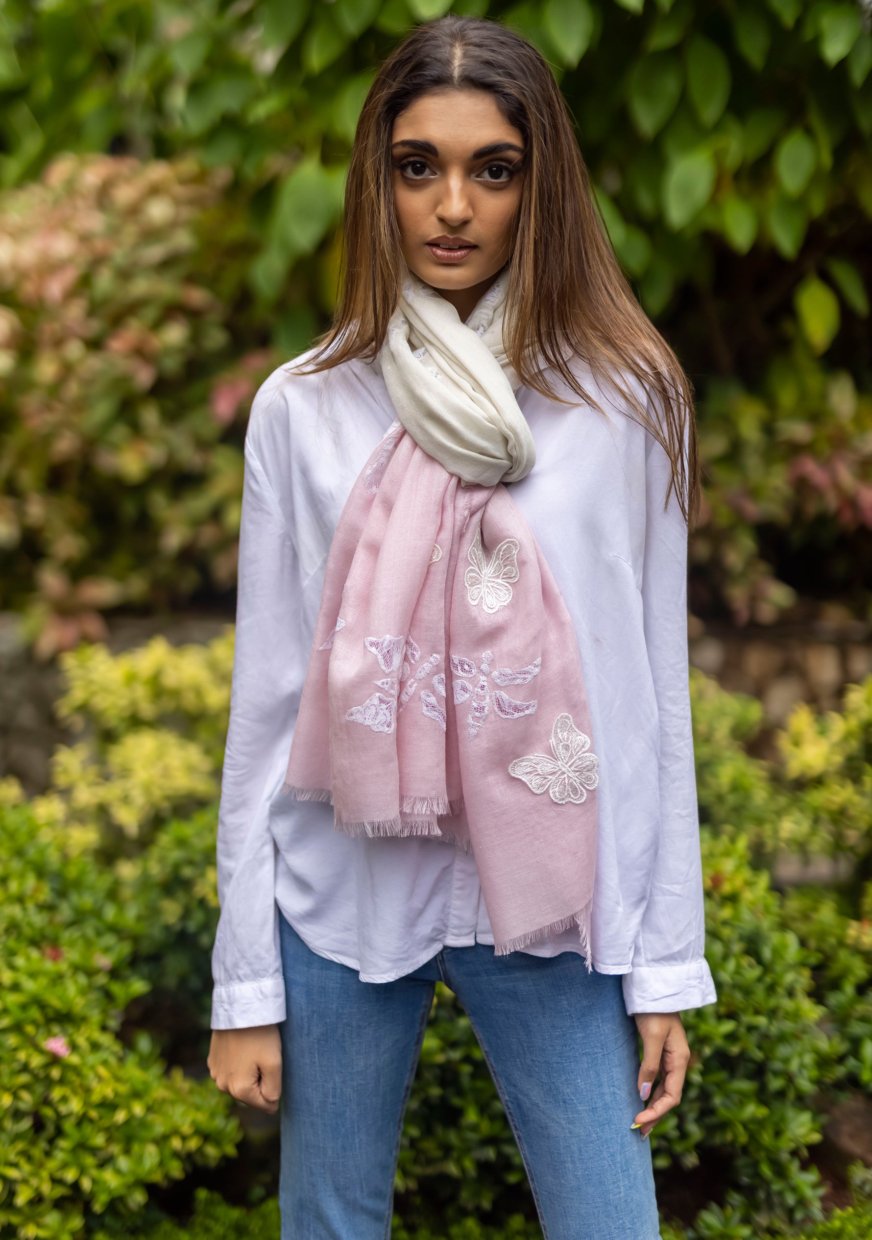 Ivory and Lt. Pink Ombré Silk and Wool Scarf with Ivory Butterflies Appliqués