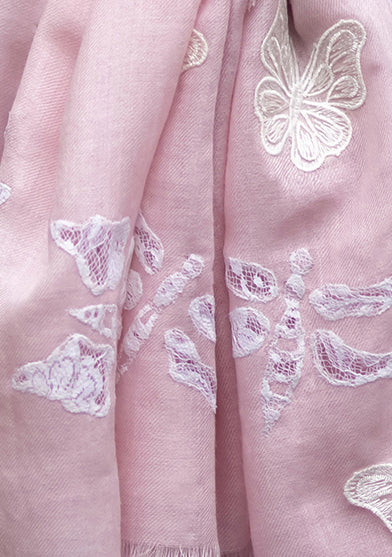 Ivory and Lt. Pink Ombré Silk and Wool Scarf with Ivory Butterflies Appliqués