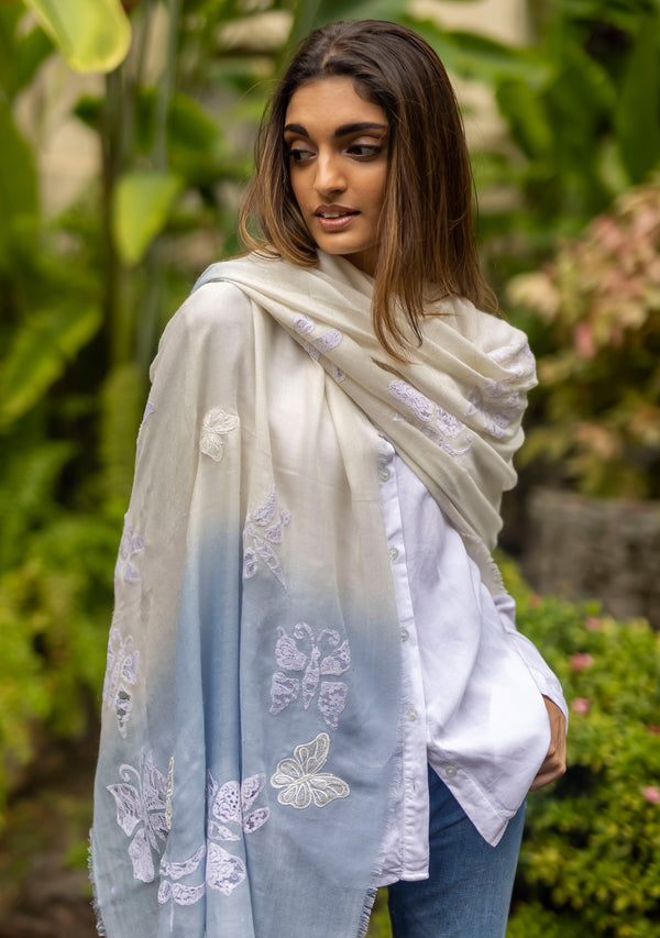 Ivory and Powder Blue Ombré Silk and Wool Scarf with Ivory Bird Appliqués