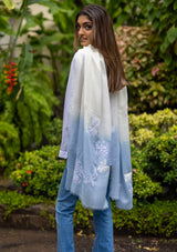 Ivory and Powder Blue Ombré Silk and Wool Scarf with Ivory  Butterfly Appliqués