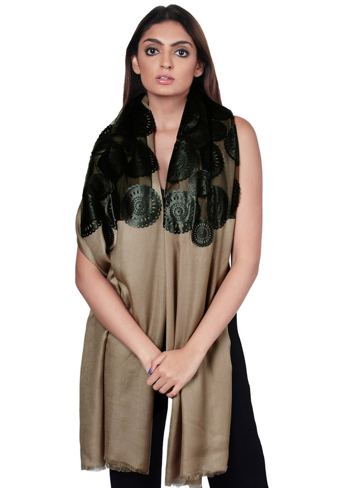 Taupe Modal Scarf Black Faux Leather Applique
