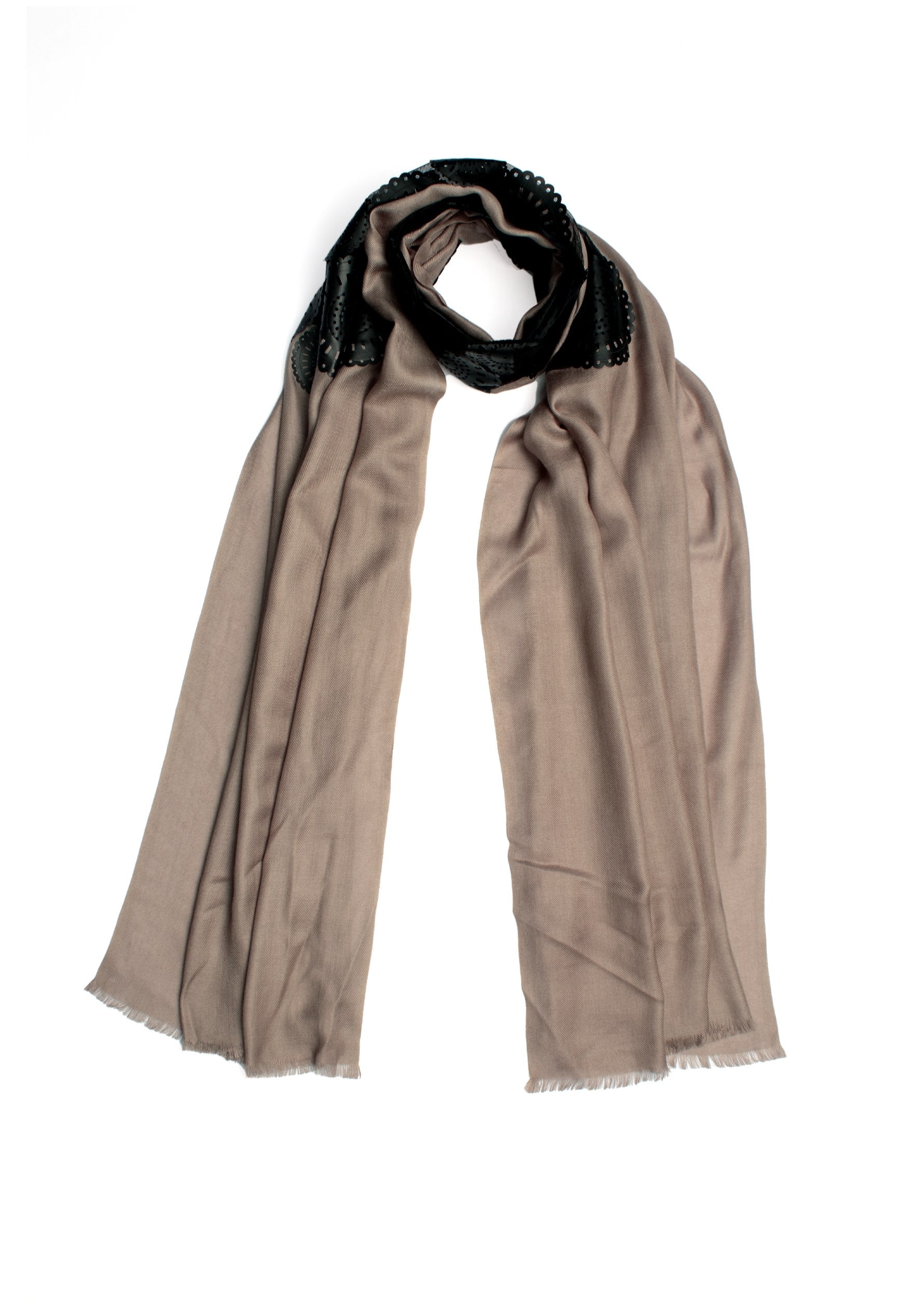 Taupe Modal Scarf with a Centre Patch of Lasercut Black Faux Leather Circle Appliques