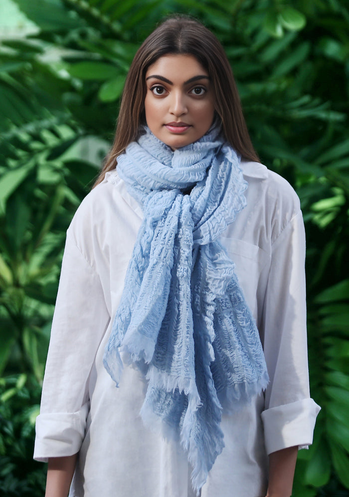 Powder Blue Fine Wool Stretchable Crinkle Scarf