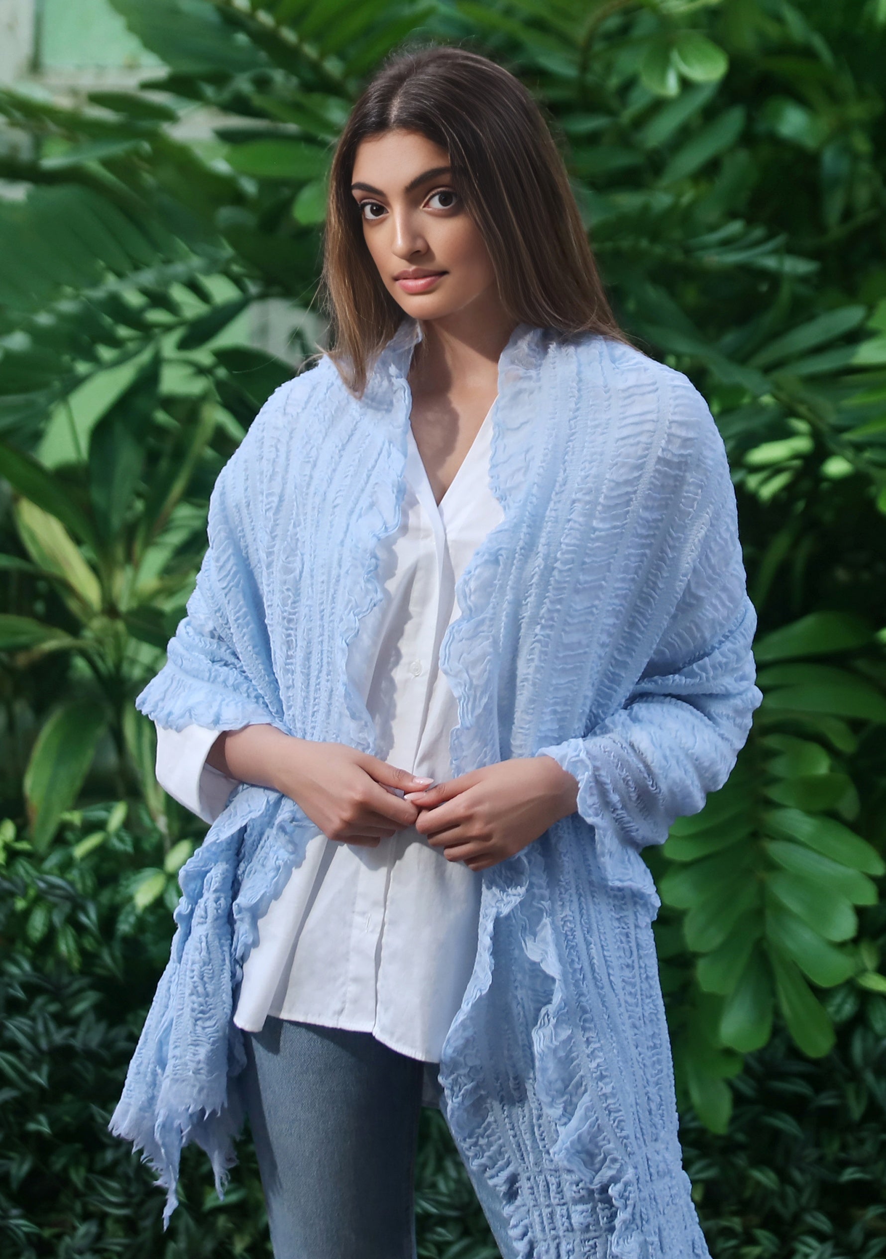 Powder Blue Fine Wool Stretchable Crinkle Scarf
