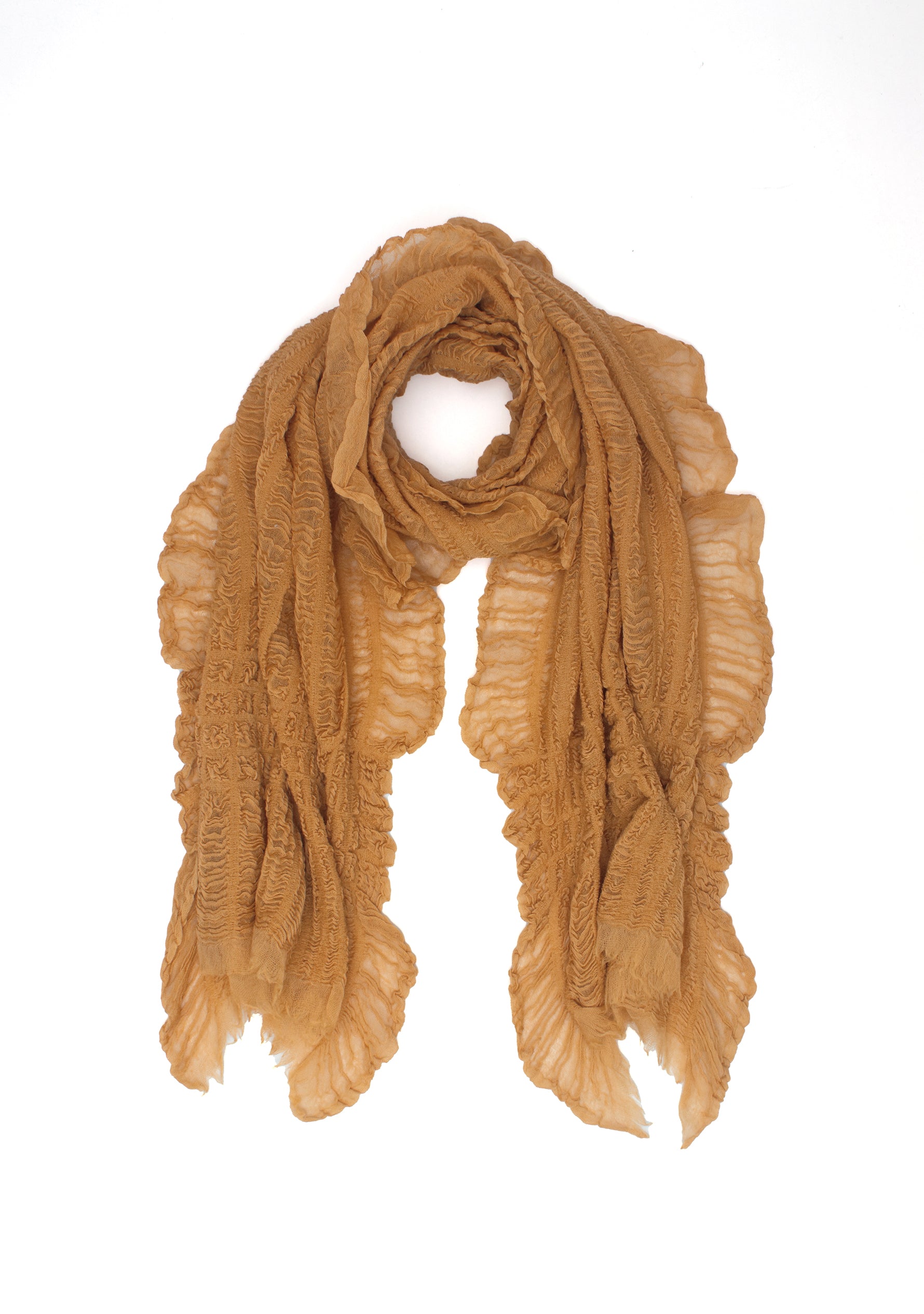 Camel Fine Wool Stretchable Crinkle Scarf