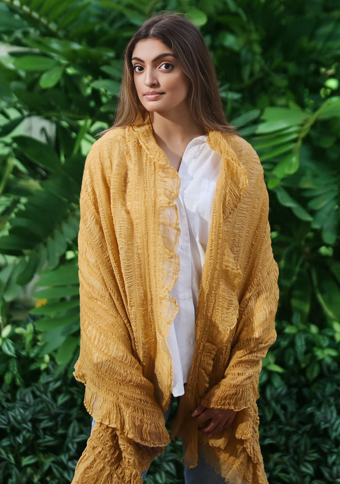 Camel Fine Wool Stretchable Crinkle Scarf