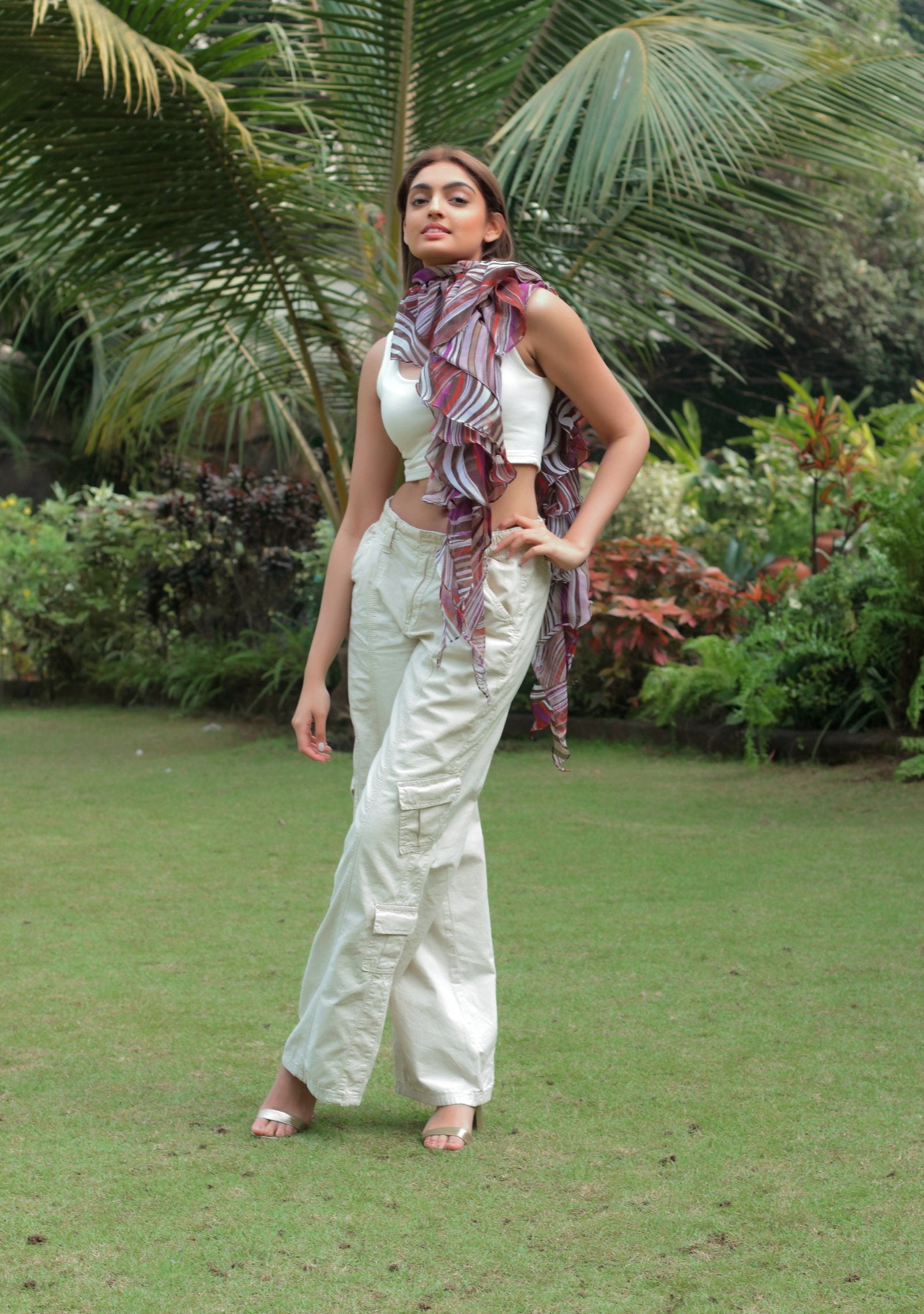 Multi-colored Stripe Print Georgette Elasticated Scarf