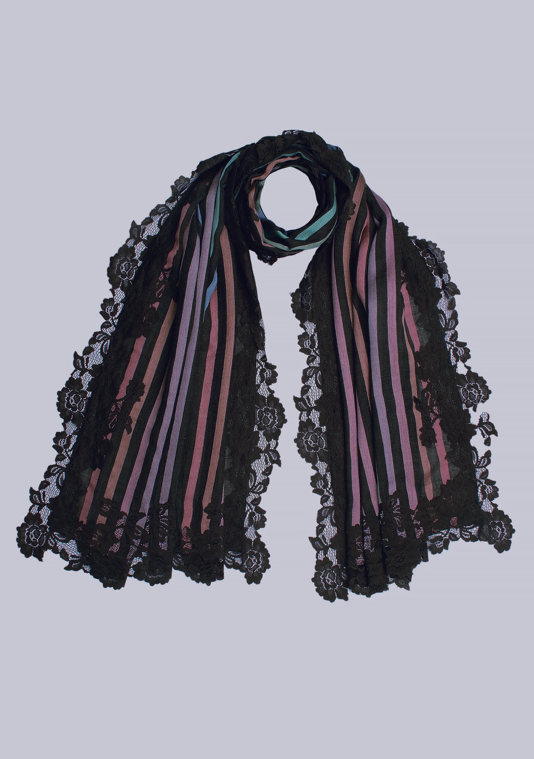 Charcoal Pastel Wool and Silk Multi-Pastel Striped Scarf with Charcoal Floral Lace Border