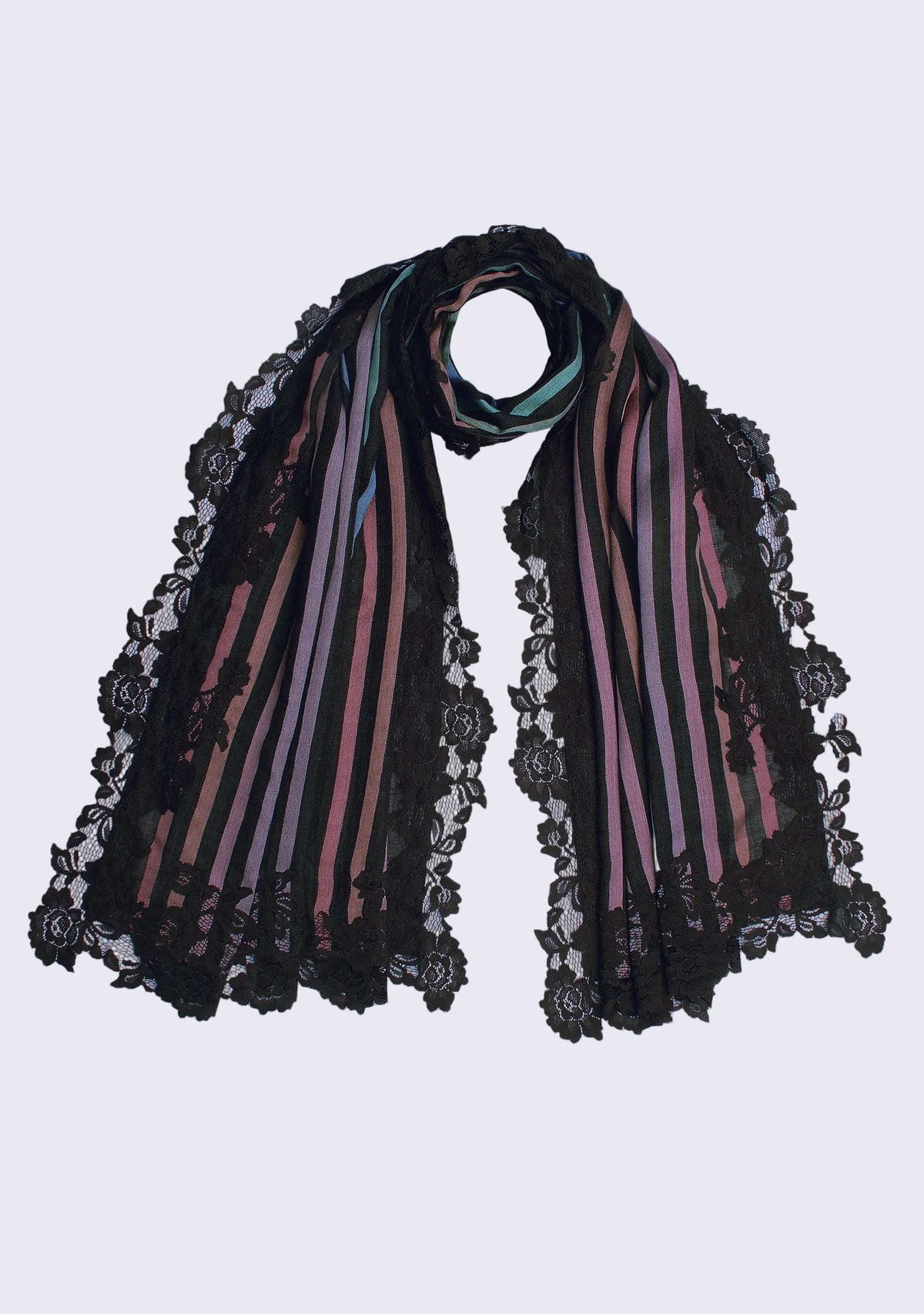 Charcoal Pastel Wool & Silk Multi-Pastel Striped Scarf 
Charcoal Floral Lace