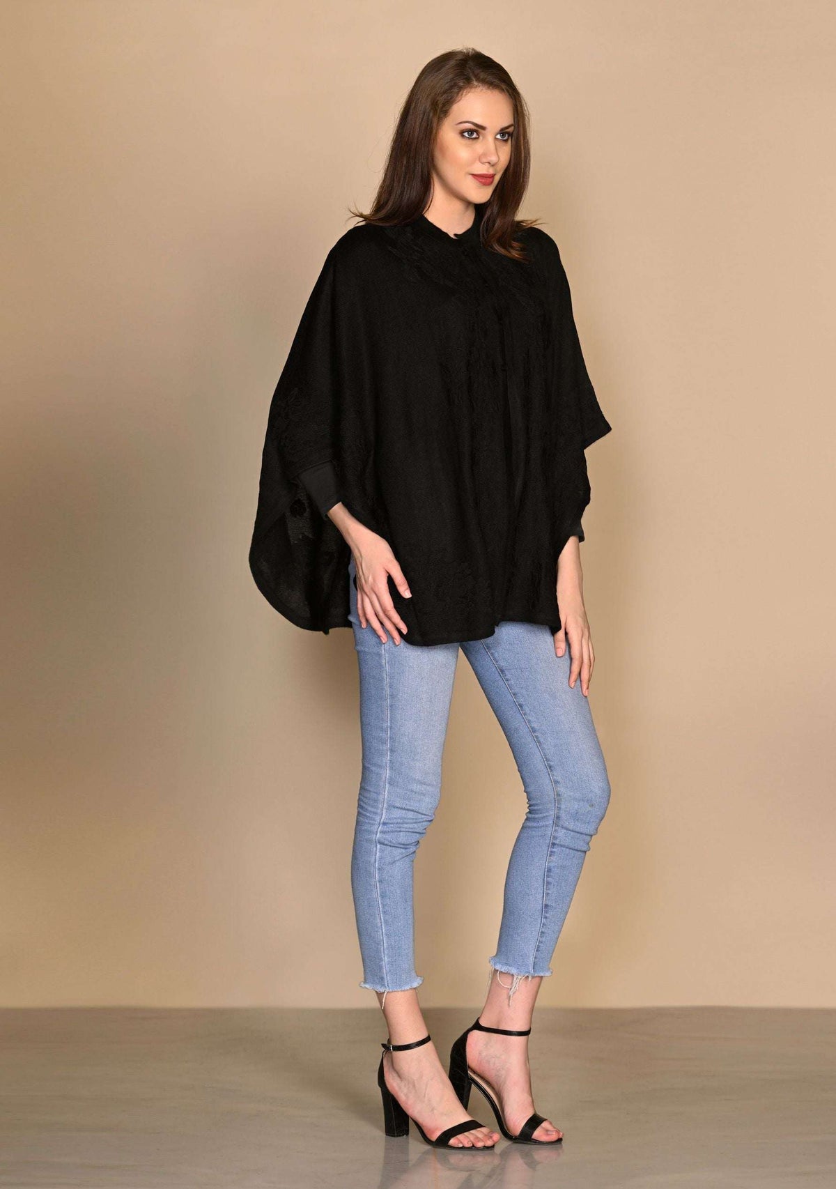 Black Wool Collared Cape 
Black Lace