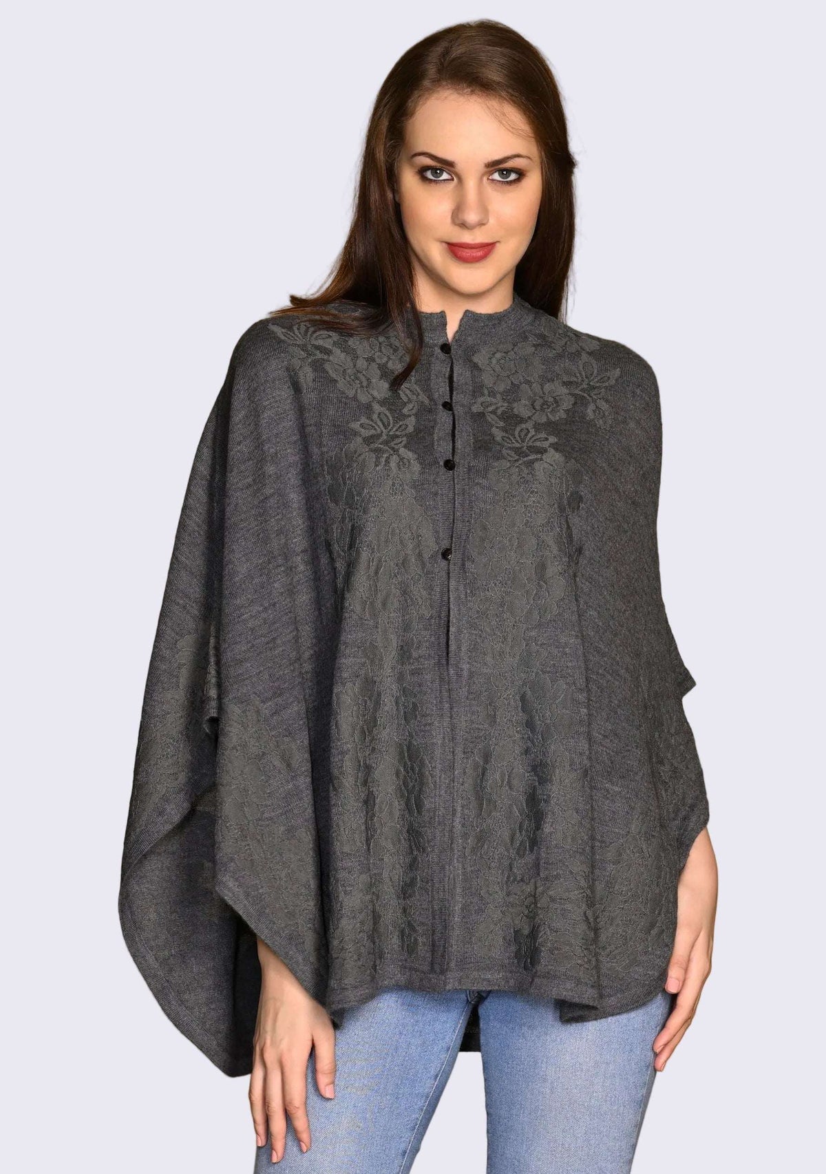 Dk. Gray Melange Wool Collared CapeDk. Gray Lace