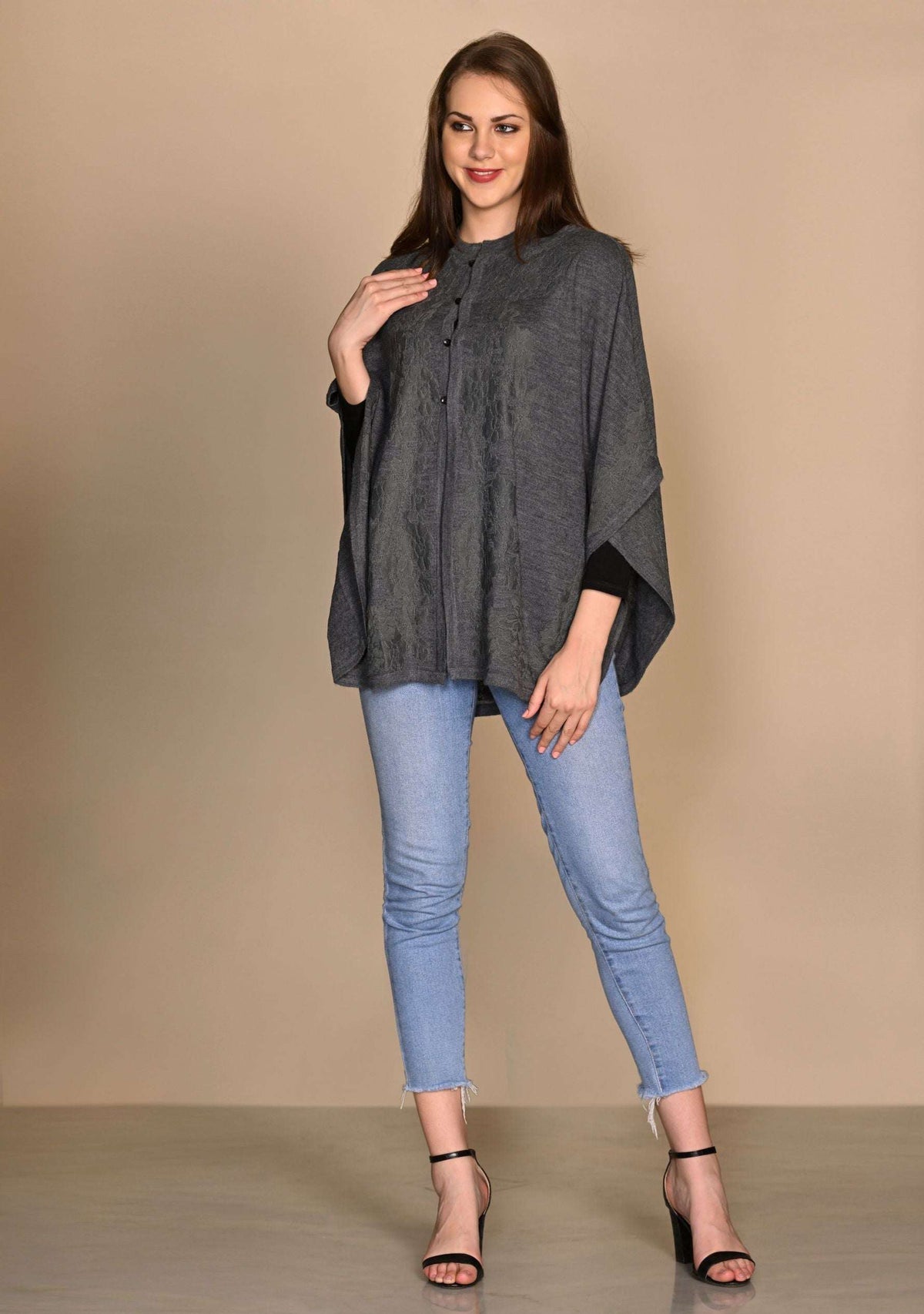 Dk. Gray Melange Wool Collared CapeDk. Gray Lace