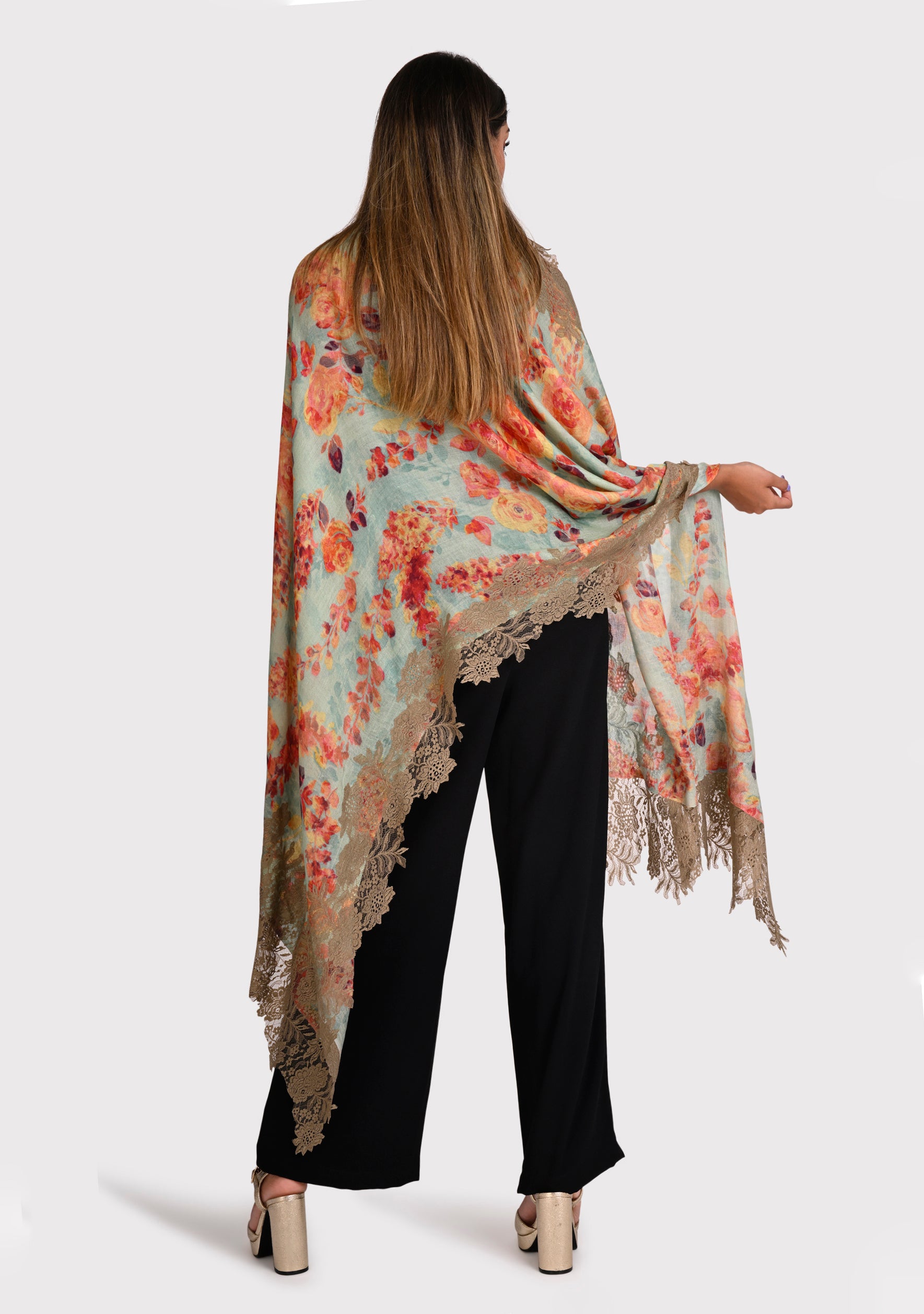 Orange Blossom Print Wool And Silk Scarf with a Natural Floral Lace Border