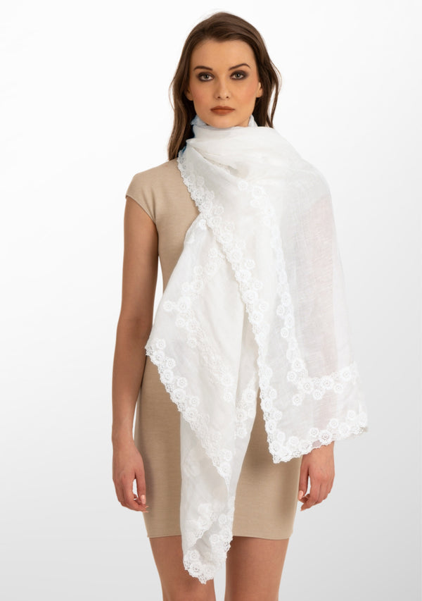 Ivory Linen and Modal Scarf with a Double White Lace Border