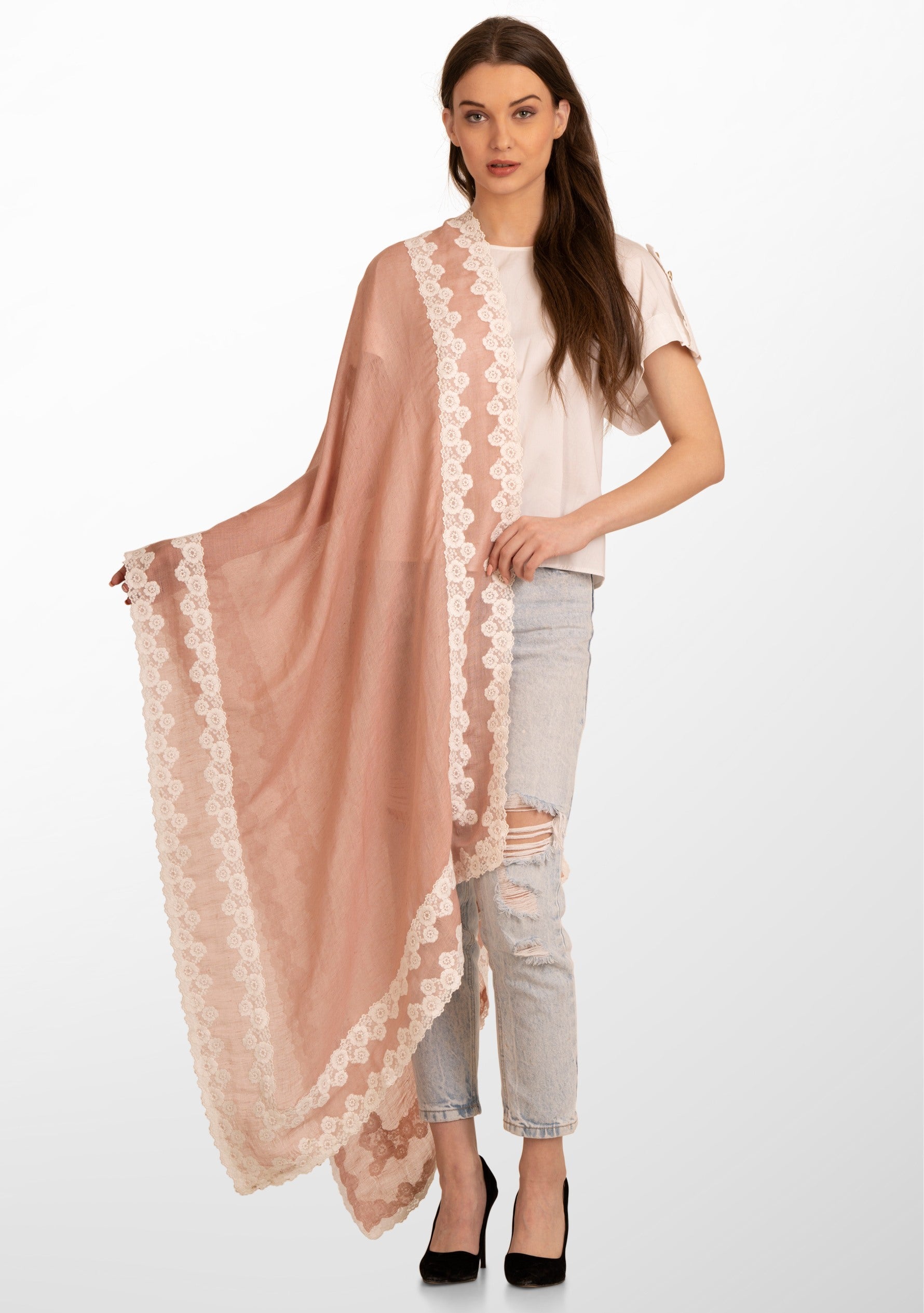 Lt. Copper Linen and Modal Scarf with a Double White Lace Border