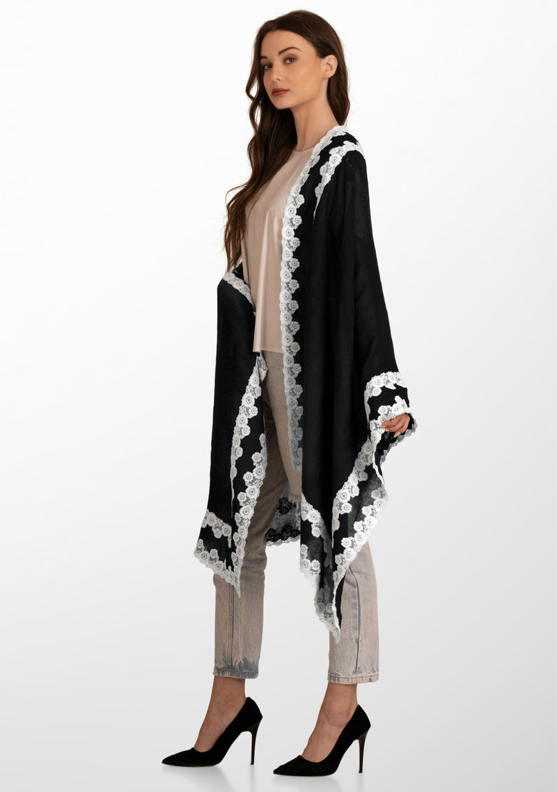 Black Linen and Modal Scarf with a Double White Lace Border
