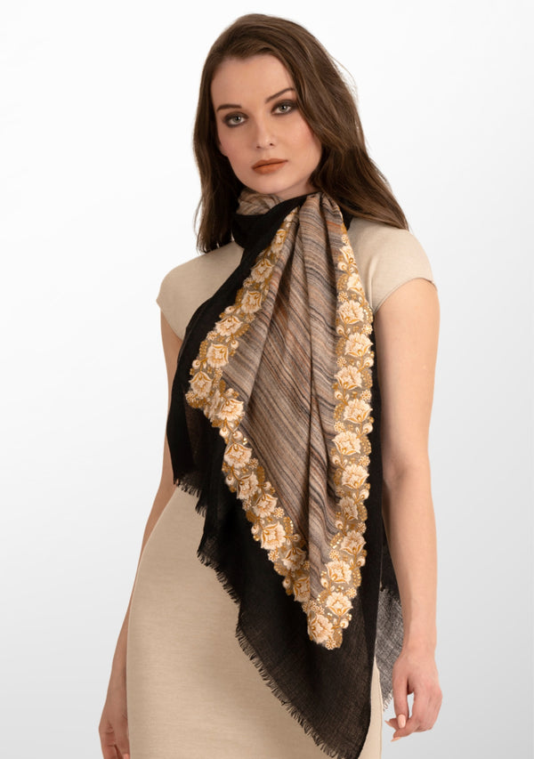 Multi-Striped Wool and Silk Scarf with a Ivory-Gold Embroidery and Black Frame Border