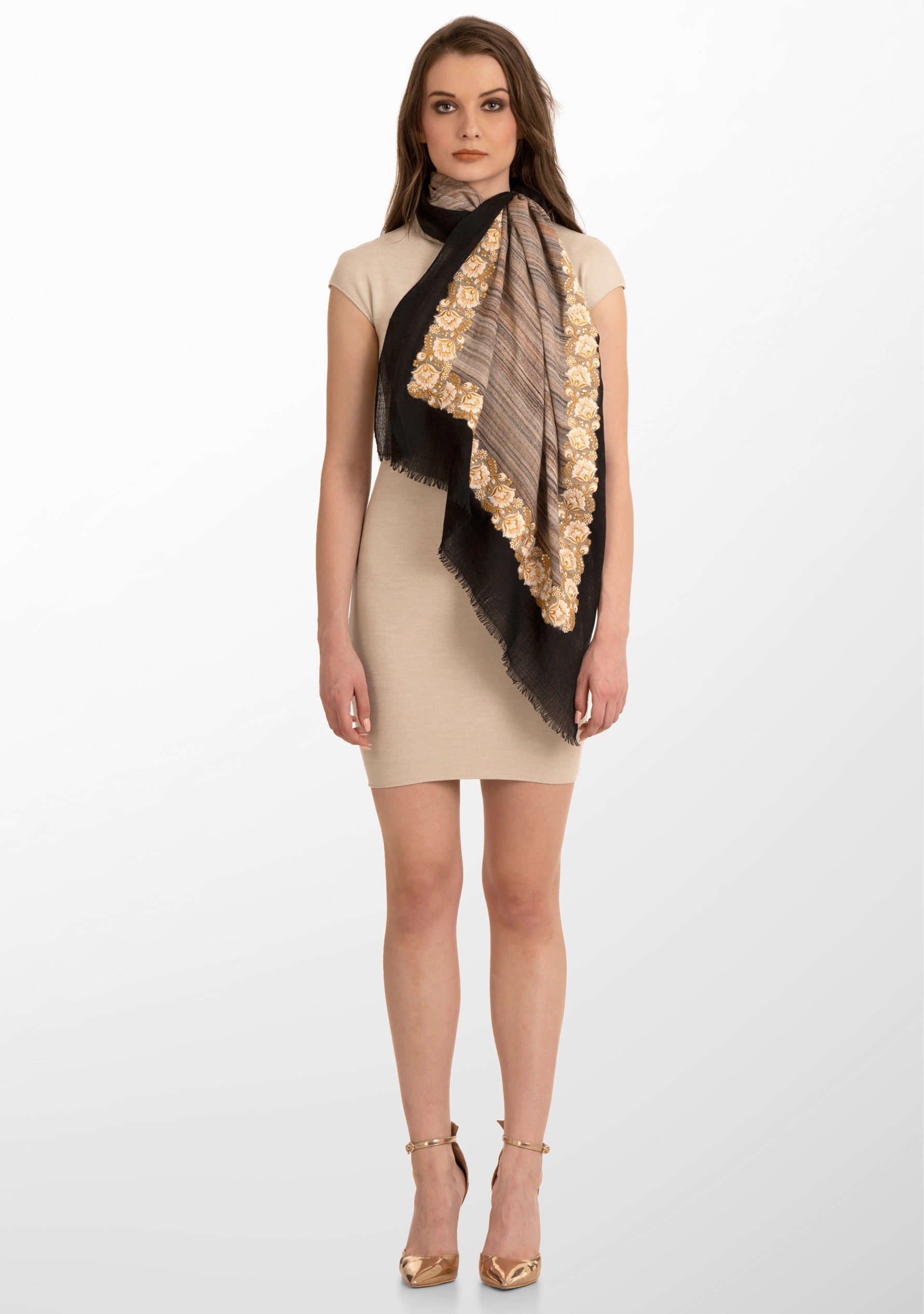 Multi-Striped Wool and Silk Scarf with a Ivory-Gold Embroidery and Black Frame Border