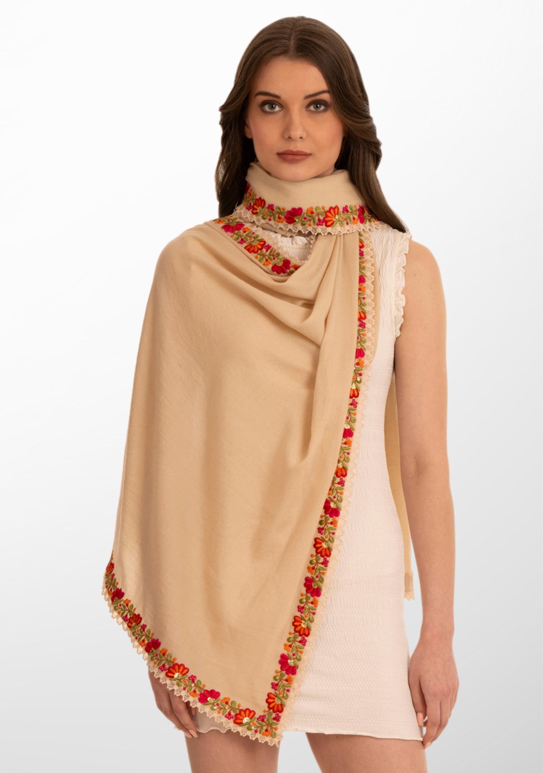 Beige Wool and Silk Scarf with Multicolor Embroidery Applique and Beige Lace Border