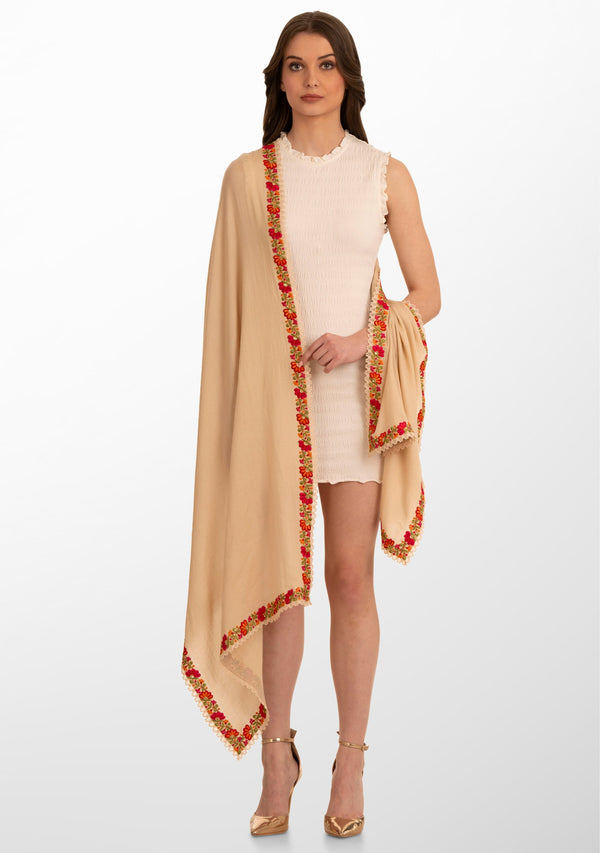 Beige Wool and Silk Scarf with Multicolor Embroidery Applique and Beige Lace Border