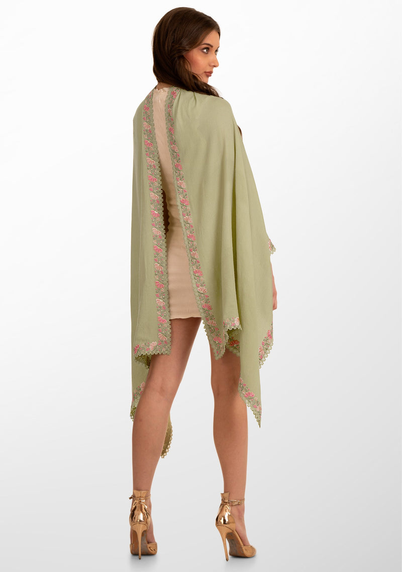 Fern Green Wool and Silk Scarf with Multicolor Embroidery Applique and Fern Green Lace Border