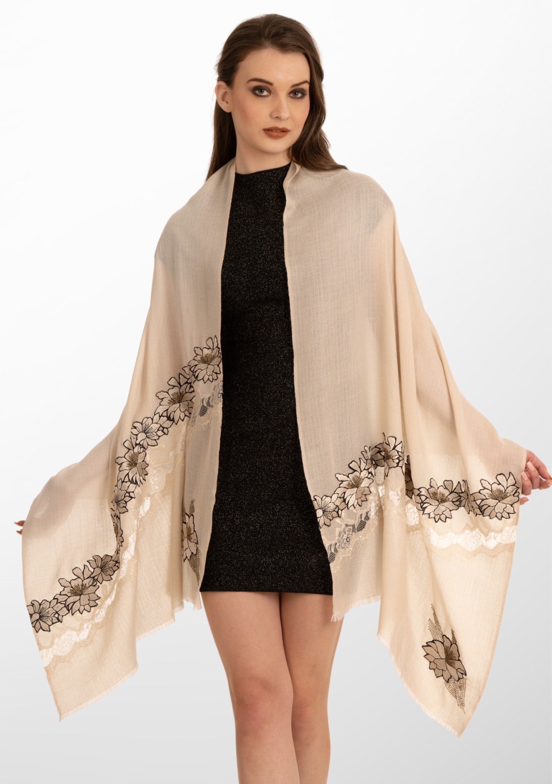 Beige Cashmere Scarf with Beige Floral Embroidery and Shiny Beige Fili ...