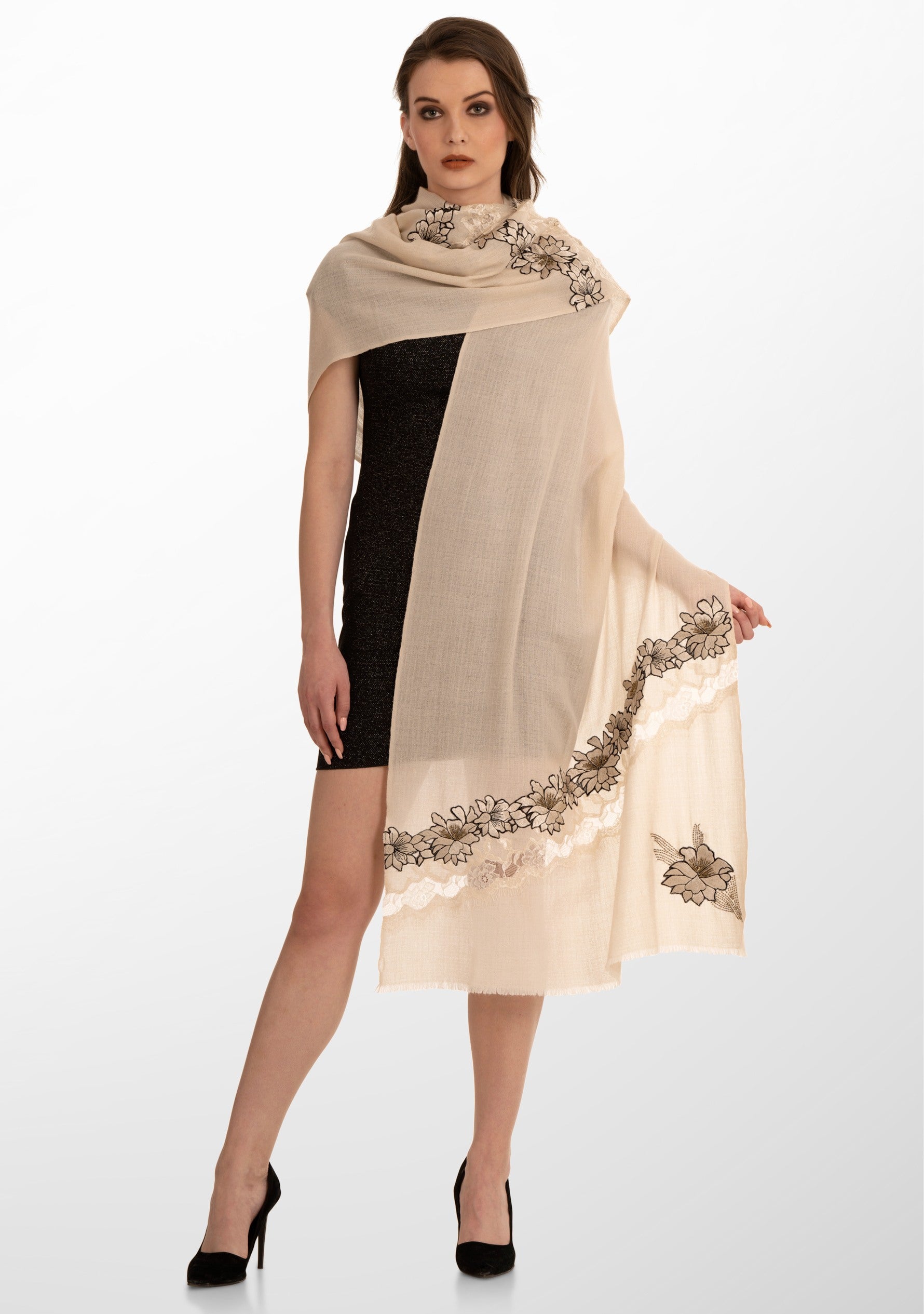 Beige Cashmere Scarf with Beige Floral Embroidery and Shiny Beige Fili ...