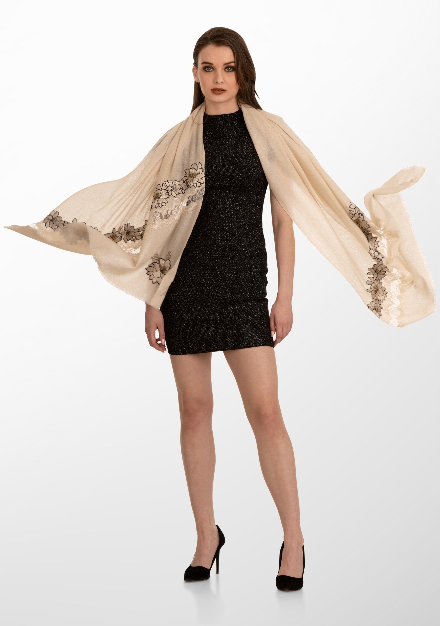 Beige Cashmere Scarf with Beige Floral Embroidery and Shiny Beige Filigree Lace Panel