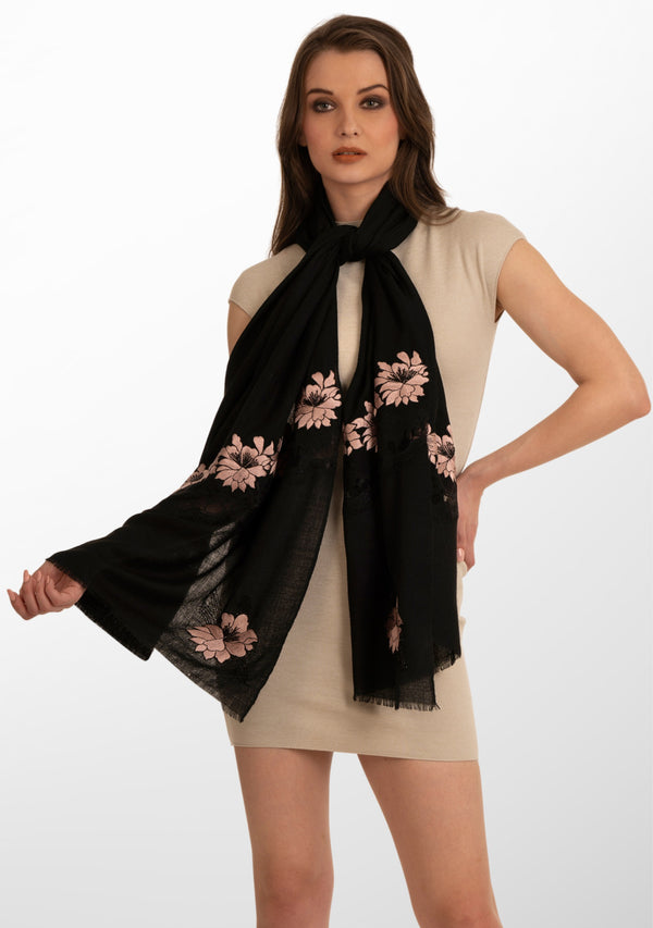 Black Cashmere Scarf with Lt. Copper Floral Embroidery and Black Filigree Lace Panel