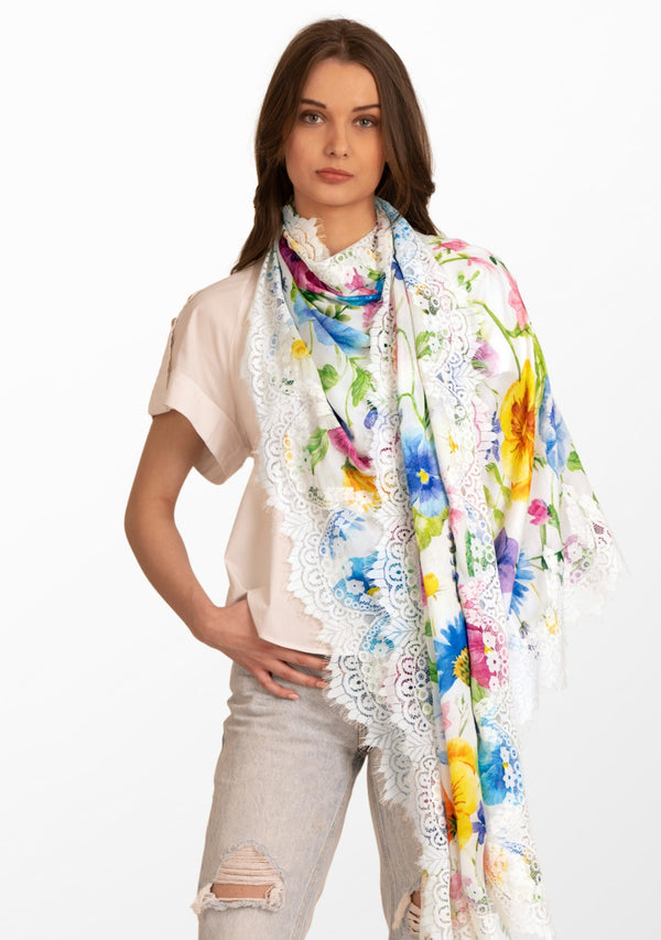 Spring Fling Print Ivory Modal and Cashmere Scarf with an Ivory Chantelle Lace Border