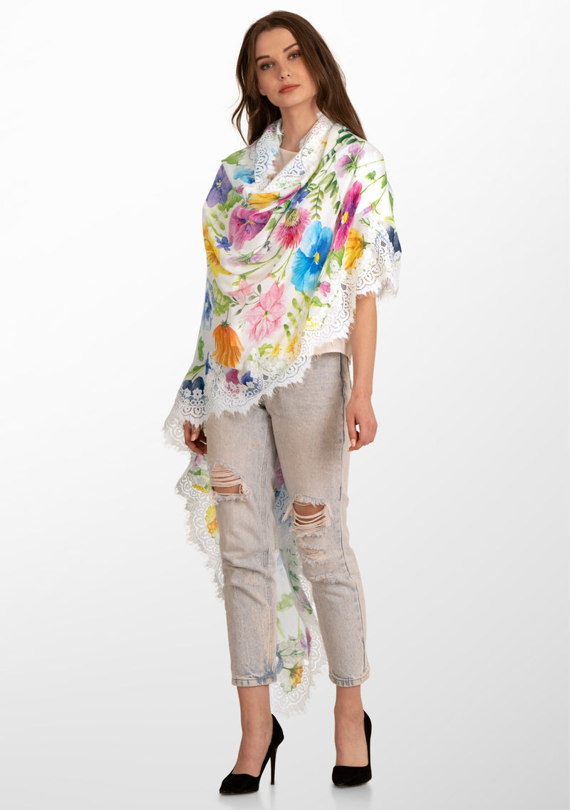 Spring Fling Print Ivory Modal and Cashmere Scarf with an Ivory Chantelle Lace Border
