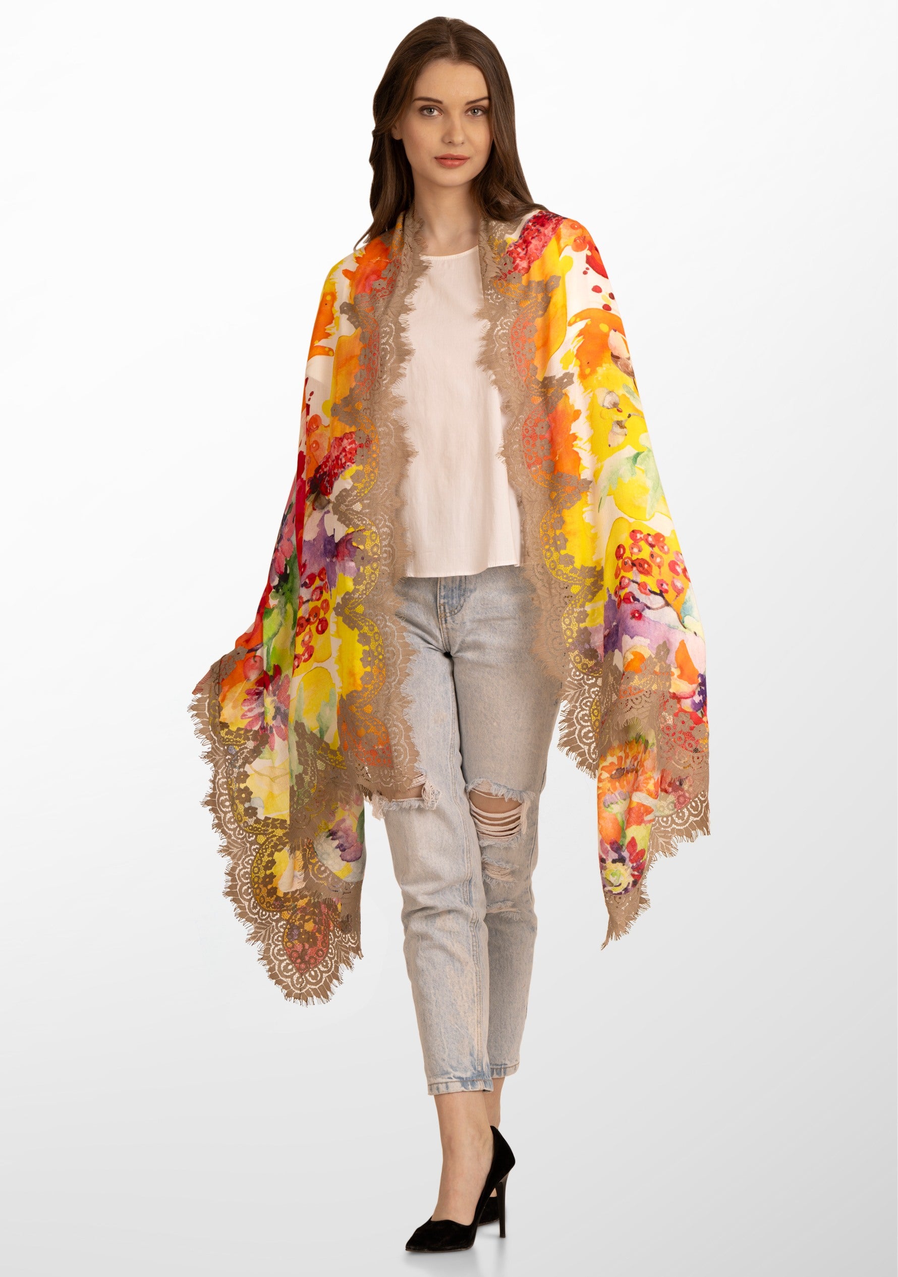 Summer Bright Print Ivory Modal and Cashmere Scarf with a Taupe Chantelle Lace Border