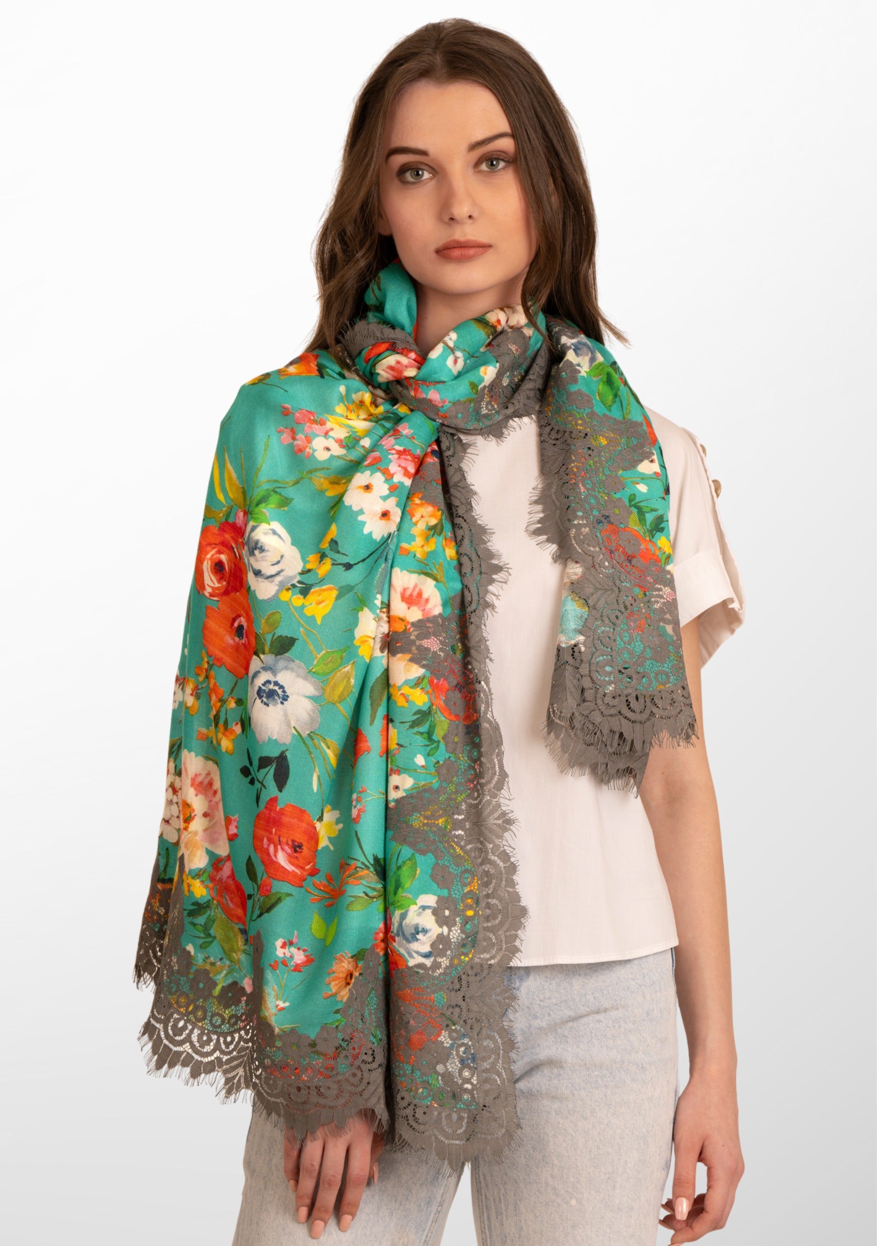 Spring Floral Print Teal Green Modal and Cashmere Scarf with a Mousse Chantelle Lace Border