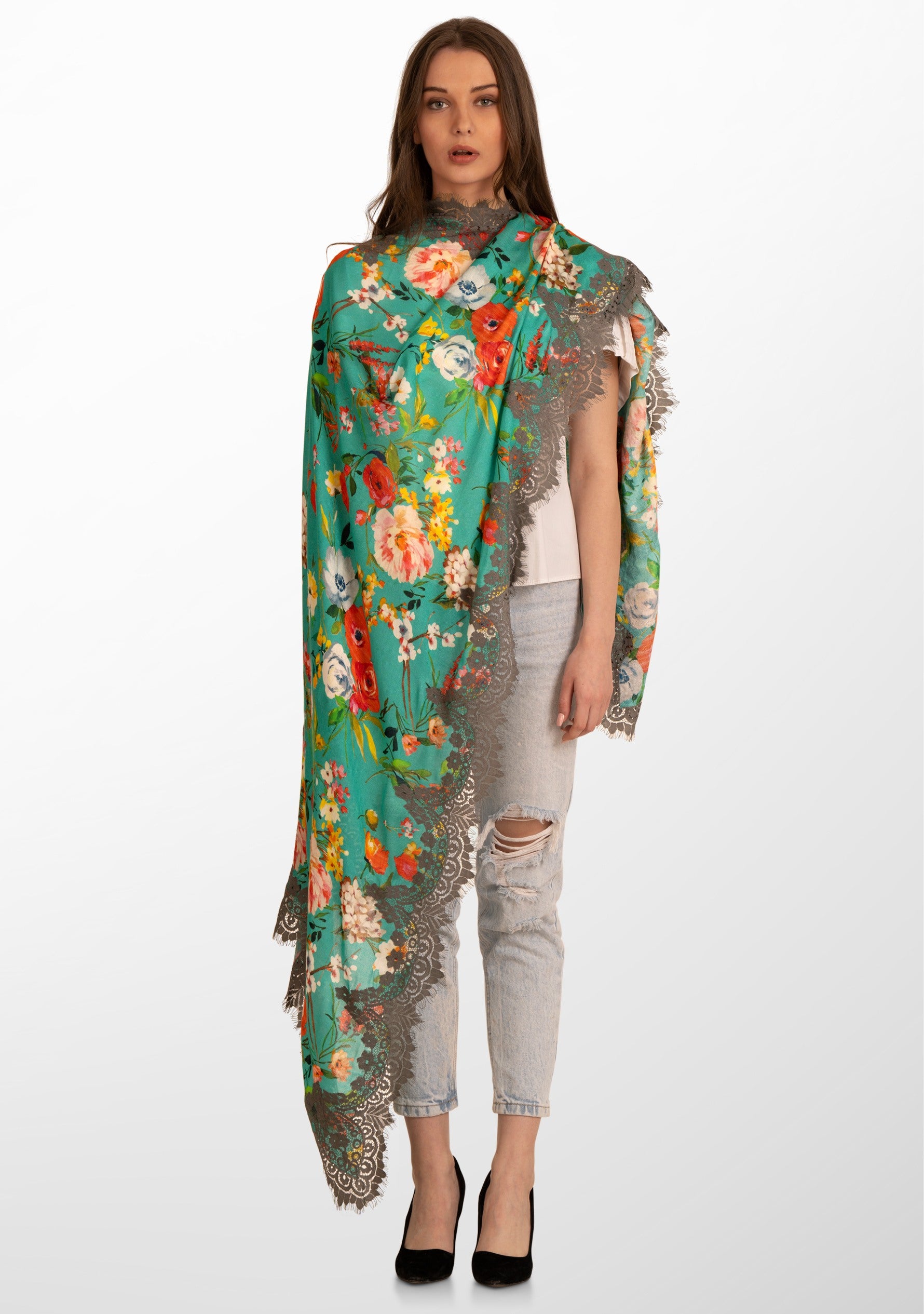 Spring Floral Print Teal Green Modal and Cashmere Scarf with a Mousse Chantelle Lace Border