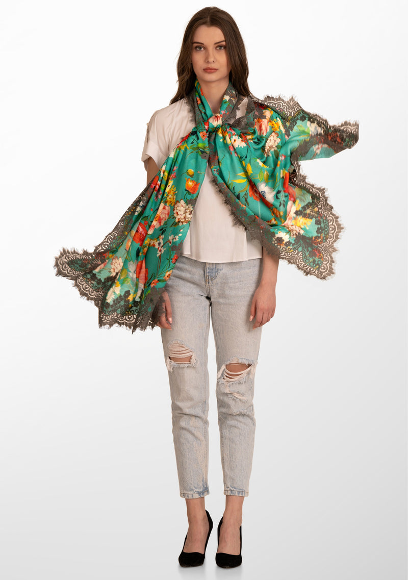 Spring Floral Print Teal Green Modal and Cashmere Scarf with a Mousse Chantelle Lace Border