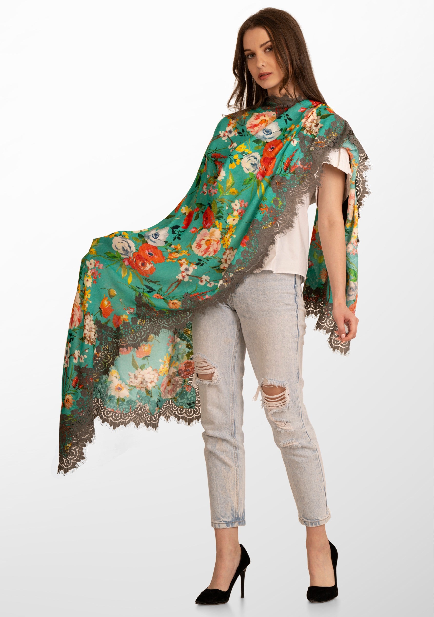 Spring Floral Print Teal Green Modal and Cashmere Scarf with a Mousse Chantelle Lace Border