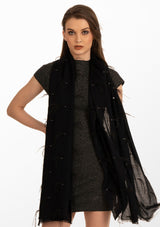 Black Cashmere Scarf with Black Ostrich Feathers and Silver Swarovski