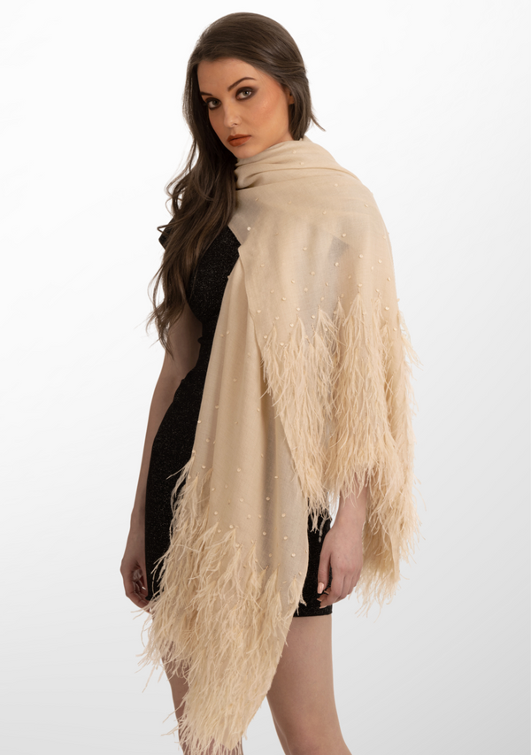 Beige Cashmere Scarf with Beige Ostrich Feathers and Beige Sequin