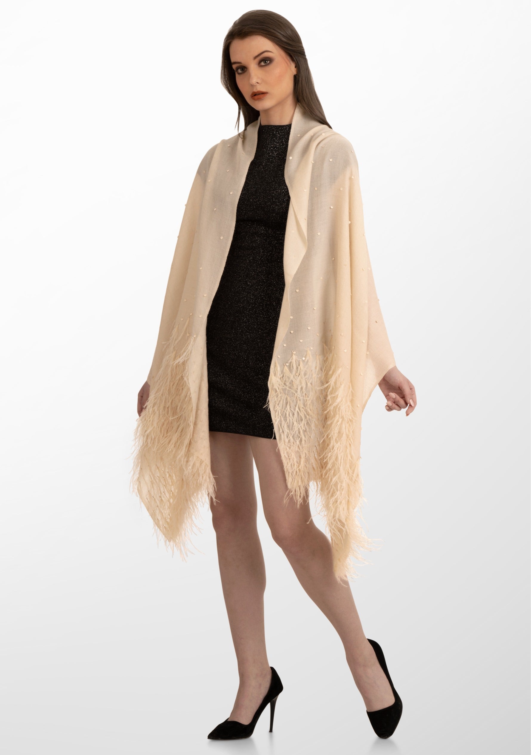 Beige Cashmere Scarf with Beige Ostrich Feathers and Beige Sequin